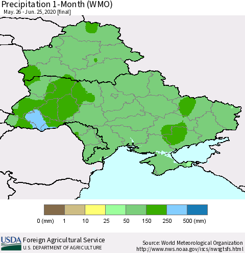 Ukraine, Moldova and Belarus Precipitation 1-Month (WMO) Thematic Map For 5/26/2020 - 6/25/2020