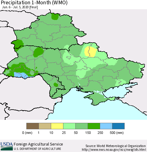 Ukraine, Moldova and Belarus Precipitation 1-Month (WMO) Thematic Map For 6/6/2020 - 7/5/2020