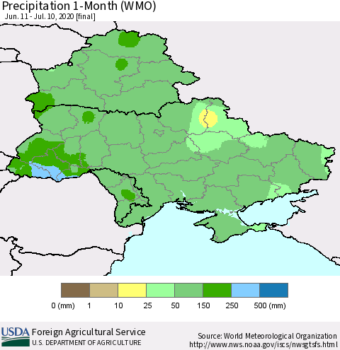 Ukraine, Moldova and Belarus Precipitation 1-Month (WMO) Thematic Map For 6/11/2020 - 7/10/2020