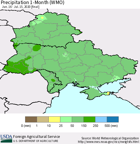 Ukraine, Moldova and Belarus Precipitation 1-Month (WMO) Thematic Map For 6/16/2020 - 7/15/2020