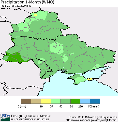 Ukraine, Moldova and Belarus Precipitation 1-Month (WMO) Thematic Map For 6/21/2020 - 7/20/2020