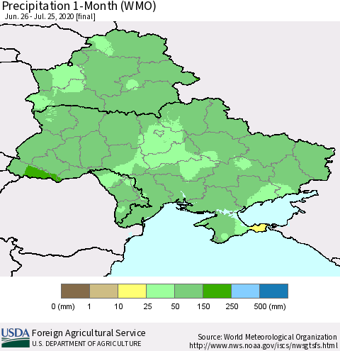 Ukraine, Moldova and Belarus Precipitation 1-Month (WMO) Thematic Map For 6/26/2020 - 7/25/2020