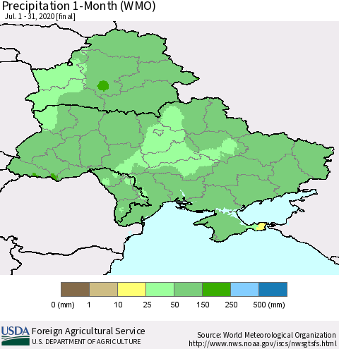 Ukraine, Moldova and Belarus Precipitation 1-Month (WMO) Thematic Map For 7/1/2020 - 7/31/2020