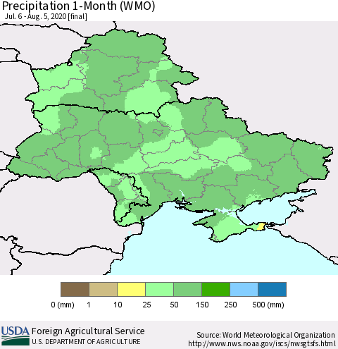 Ukraine, Moldova and Belarus Precipitation 1-Month (WMO) Thematic Map For 7/6/2020 - 8/5/2020