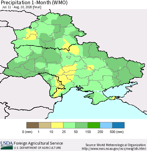 Ukraine, Moldova and Belarus Precipitation 1-Month (WMO) Thematic Map For 7/11/2020 - 8/10/2020