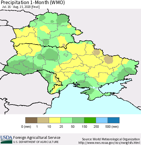 Ukraine, Moldova and Belarus Precipitation 1-Month (WMO) Thematic Map For 7/16/2020 - 8/15/2020