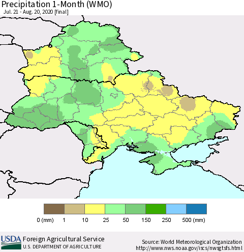 Ukraine, Moldova and Belarus Precipitation 1-Month (WMO) Thematic Map For 7/21/2020 - 8/20/2020