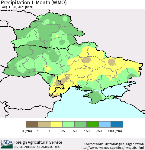 Ukraine, Moldova and Belarus Precipitation 1-Month (WMO) Thematic Map For 8/1/2020 - 8/31/2020