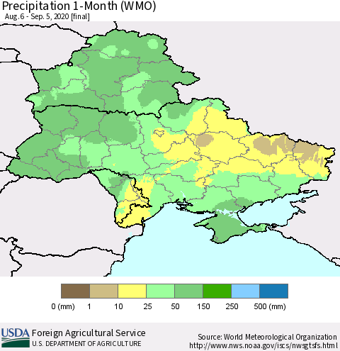 Ukraine, Moldova and Belarus Precipitation 1-Month (WMO) Thematic Map For 8/6/2020 - 9/5/2020