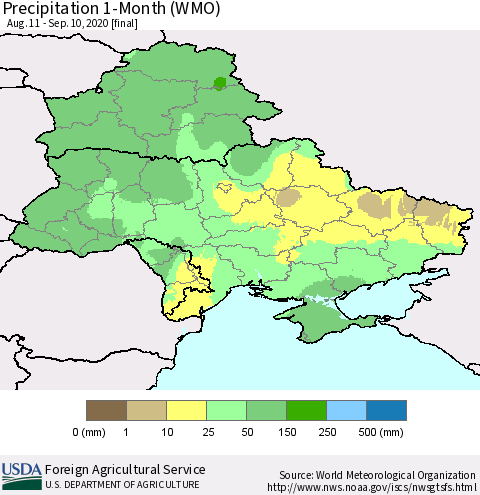 Ukraine, Moldova and Belarus Precipitation 1-Month (WMO) Thematic Map For 8/11/2020 - 9/10/2020