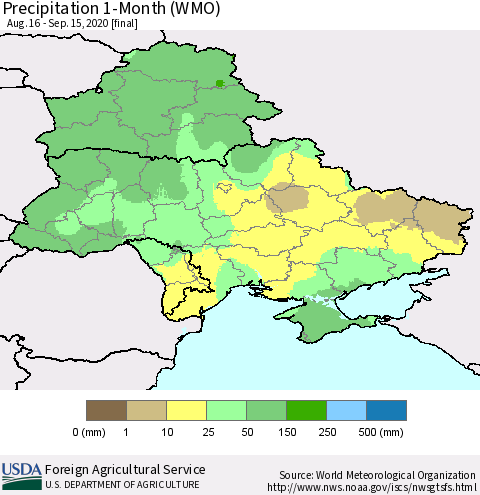 Ukraine, Moldova and Belarus Precipitation 1-Month (WMO) Thematic Map For 8/16/2020 - 9/15/2020