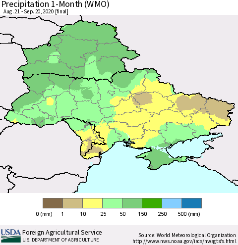 Ukraine, Moldova and Belarus Precipitation 1-Month (WMO) Thematic Map For 8/21/2020 - 9/20/2020