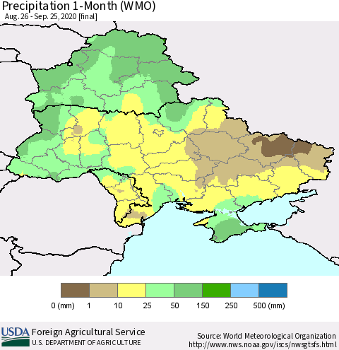 Ukraine, Moldova and Belarus Precipitation 1-Month (WMO) Thematic Map For 8/26/2020 - 9/25/2020