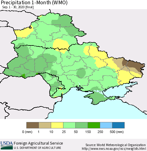 Ukraine, Moldova and Belarus Precipitation 1-Month (WMO) Thematic Map For 9/1/2020 - 9/30/2020