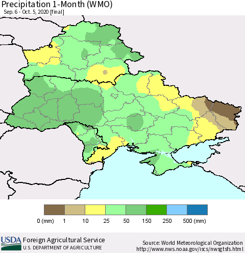 Ukraine, Moldova and Belarus Precipitation 1-Month (WMO) Thematic Map For 9/6/2020 - 10/5/2020