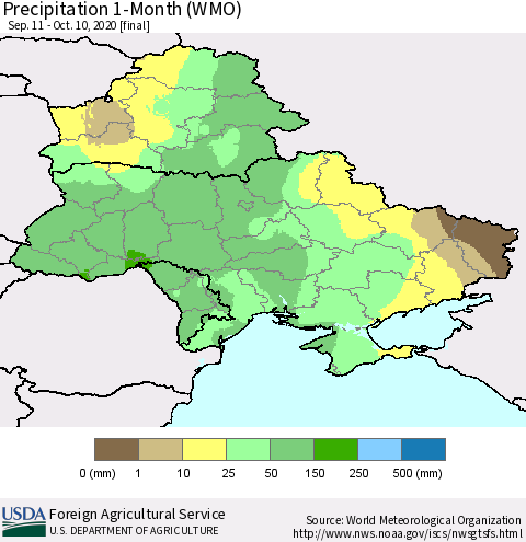 Ukraine, Moldova and Belarus Precipitation 1-Month (WMO) Thematic Map For 9/11/2020 - 10/10/2020