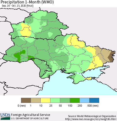 Ukraine, Moldova and Belarus Precipitation 1-Month (WMO) Thematic Map For 9/16/2020 - 10/15/2020