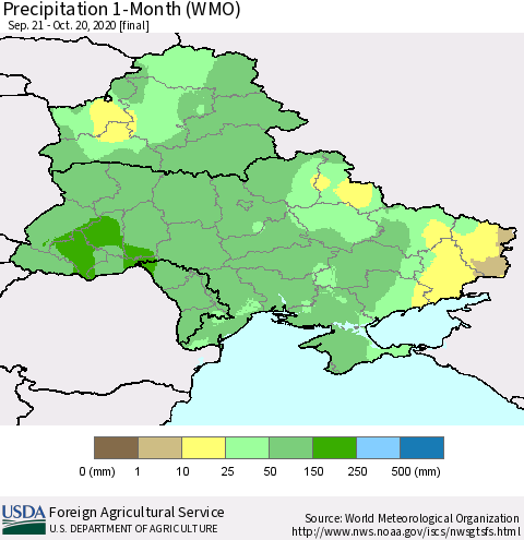 Ukraine, Moldova and Belarus Precipitation 1-Month (WMO) Thematic Map For 9/21/2020 - 10/20/2020