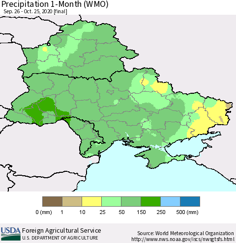 Ukraine, Moldova and Belarus Precipitation 1-Month (WMO) Thematic Map For 9/26/2020 - 10/25/2020