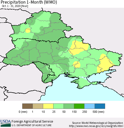 Ukraine, Moldova and Belarus Precipitation 1-Month (WMO) Thematic Map For 10/1/2020 - 10/31/2020
