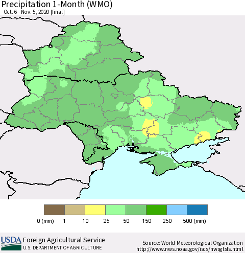 Ukraine, Moldova and Belarus Precipitation 1-Month (WMO) Thematic Map For 10/6/2020 - 11/5/2020