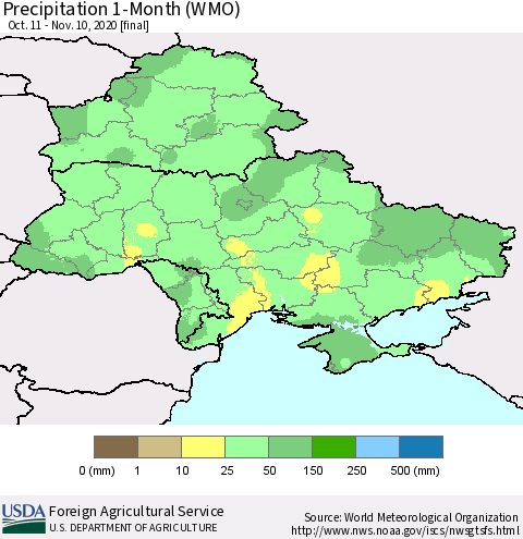 Ukraine, Moldova and Belarus Precipitation 1-Month (WMO) Thematic Map For 10/11/2020 - 11/10/2020