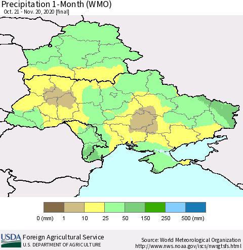 Ukraine, Moldova and Belarus Precipitation 1-Month (WMO) Thematic Map For 10/21/2020 - 11/20/2020