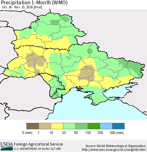 Ukraine, Moldova and Belarus Precipitation 1-Month (WMO) Thematic Map For 10/26/2020 - 11/25/2020