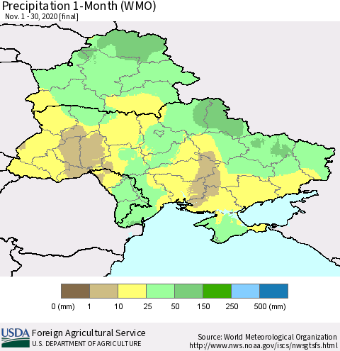 Ukraine, Moldova and Belarus Precipitation 1-Month (WMO) Thematic Map For 11/1/2020 - 11/30/2020