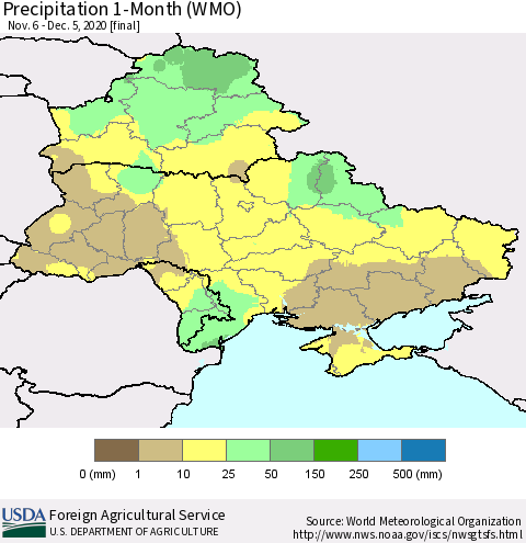 Ukraine, Moldova and Belarus Precipitation 1-Month (WMO) Thematic Map For 11/6/2020 - 12/5/2020