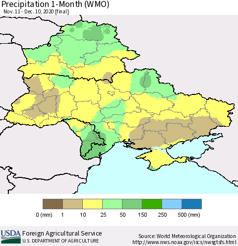 Ukraine, Moldova and Belarus Precipitation 1-Month (WMO) Thematic Map For 11/11/2020 - 12/10/2020