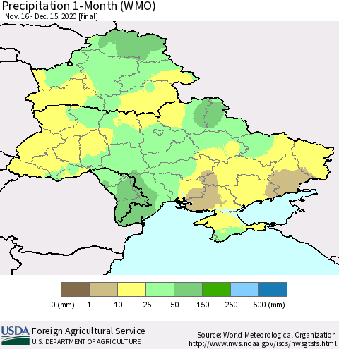Ukraine, Moldova and Belarus Precipitation 1-Month (WMO) Thematic Map For 11/16/2020 - 12/15/2020