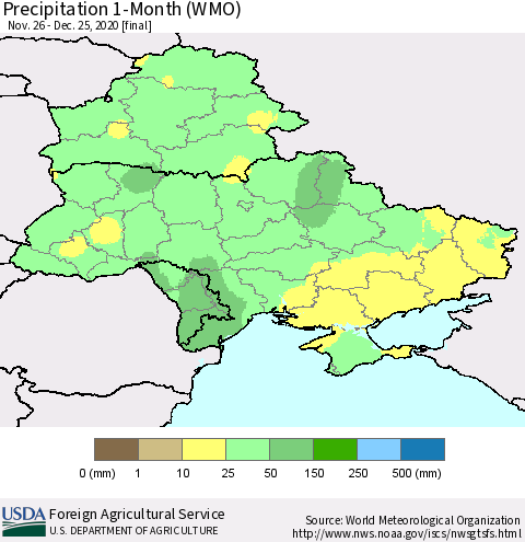 Ukraine, Moldova and Belarus Precipitation 1-Month (WMO) Thematic Map For 11/26/2020 - 12/25/2020