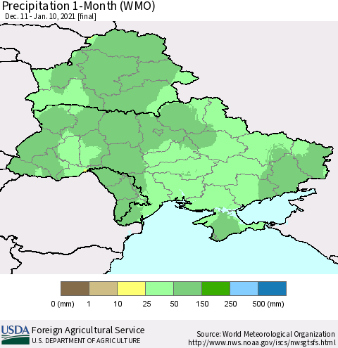 Ukraine, Moldova and Belarus Precipitation 1-Month (WMO) Thematic Map For 12/11/2020 - 1/10/2021