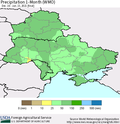 Ukraine, Moldova and Belarus Precipitation 1-Month (WMO) Thematic Map For 12/16/2020 - 1/15/2021