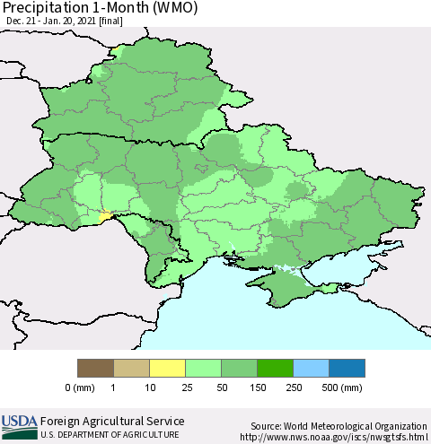 Ukraine, Moldova and Belarus Precipitation 1-Month (WMO) Thematic Map For 12/21/2020 - 1/20/2021