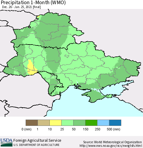 Ukraine, Moldova and Belarus Precipitation 1-Month (WMO) Thematic Map For 12/26/2020 - 1/25/2021