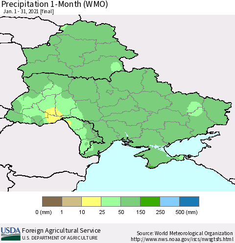 Ukraine, Moldova and Belarus Precipitation 1-Month (WMO) Thematic Map For 1/1/2021 - 1/31/2021