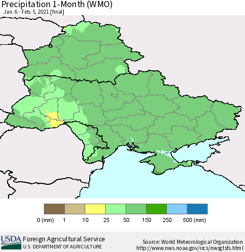 Ukraine, Moldova and Belarus Precipitation 1-Month (WMO) Thematic Map For 1/6/2021 - 2/5/2021