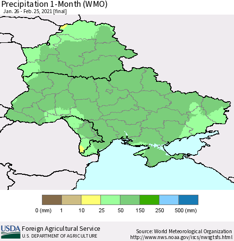 Ukraine, Moldova and Belarus Precipitation 1-Month (WMO) Thematic Map For 1/26/2021 - 2/25/2021