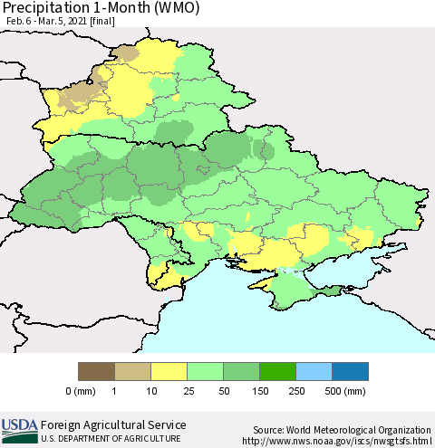 Ukraine, Moldova and Belarus Precipitation 1-Month (WMO) Thematic Map For 2/6/2021 - 3/5/2021