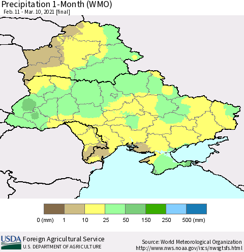 Ukraine, Moldova and Belarus Precipitation 1-Month (WMO) Thematic Map For 2/11/2021 - 3/10/2021