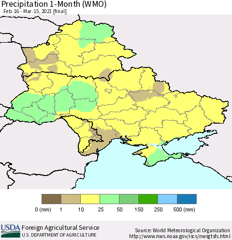 Ukraine, Moldova and Belarus Precipitation 1-Month (WMO) Thematic Map For 2/16/2021 - 3/15/2021