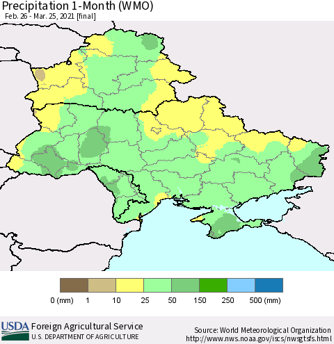 Ukraine, Moldova and Belarus Precipitation 1-Month (WMO) Thematic Map For 2/26/2021 - 3/25/2021
