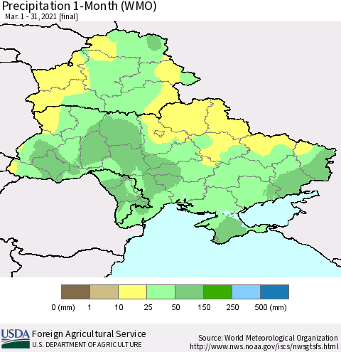 Ukraine, Moldova and Belarus Precipitation 1-Month (WMO) Thematic Map For 3/1/2021 - 3/31/2021