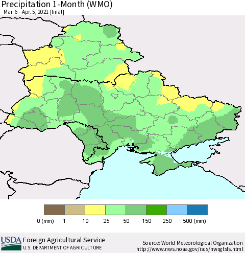 Ukraine, Moldova and Belarus Precipitation 1-Month (WMO) Thematic Map For 3/6/2021 - 4/5/2021