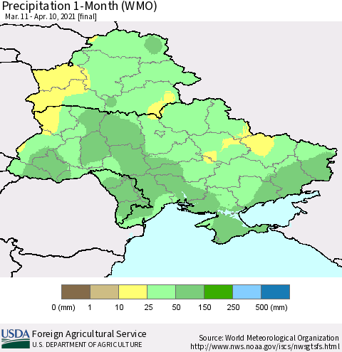 Ukraine, Moldova and Belarus Precipitation 1-Month (WMO) Thematic Map For 3/11/2021 - 4/10/2021