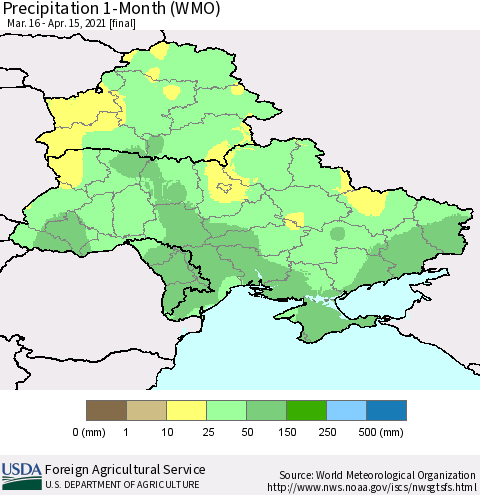 Ukraine, Moldova and Belarus Precipitation 1-Month (WMO) Thematic Map For 3/16/2021 - 4/15/2021