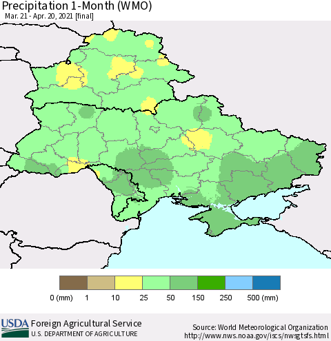 Ukraine, Moldova and Belarus Precipitation 1-Month (WMO) Thematic Map For 3/21/2021 - 4/20/2021