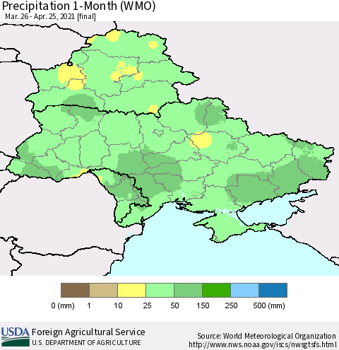 Ukraine, Moldova and Belarus Precipitation 1-Month (WMO) Thematic Map For 3/26/2021 - 4/25/2021